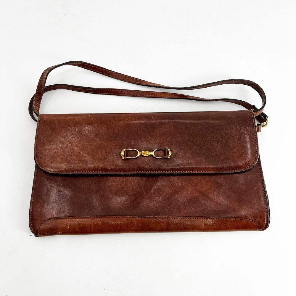 Brown Leather Crossbody Clutch with Gold Tone Hardware